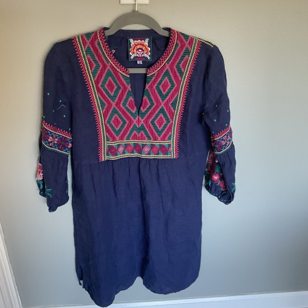 Johnny Was Navy Embroidered Midi Dress